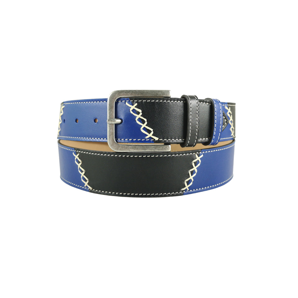 curea piele albastru negru catarama metalica vedere fata