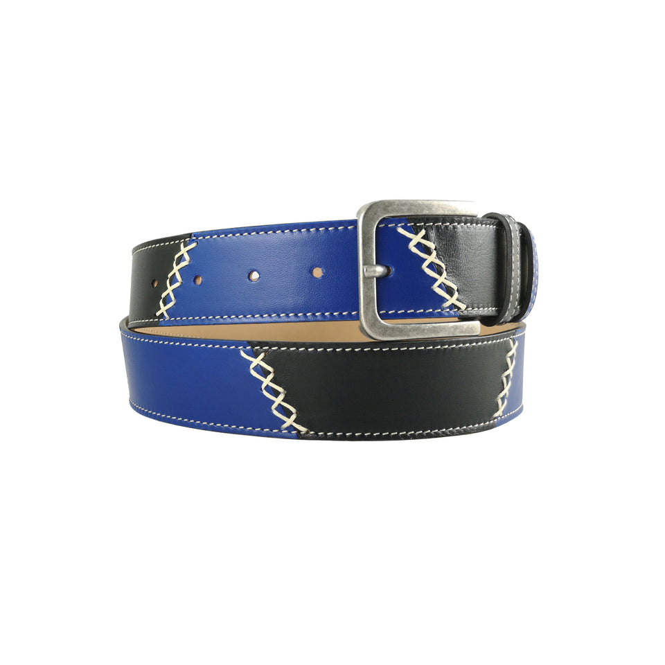 curea piele albastru negru catarama metalica vedere stanga