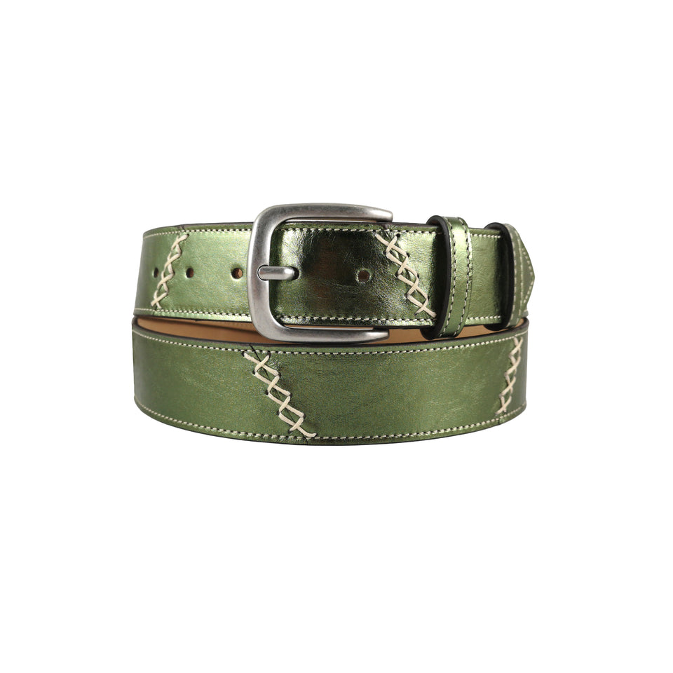 Curea Unisex din Piele Naturala, Verde Metalizat, 115-130 cm