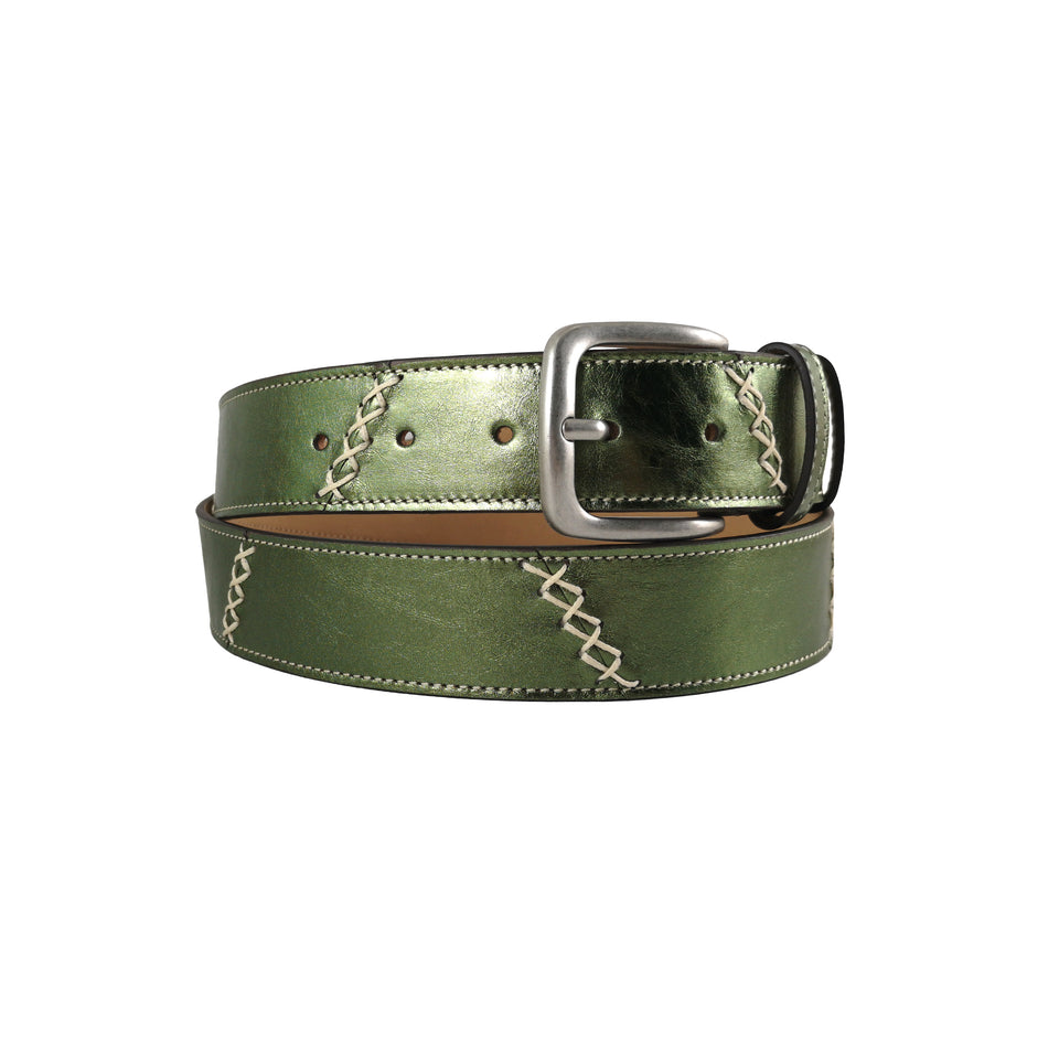 Curea Unisex din Piele Naturala, Verde Metalizat, 115-130 cm