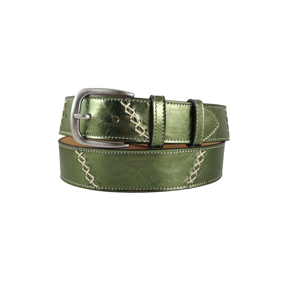 Curea Unisex din Piele Naturala, Verde Metalizat, 115-130 cm