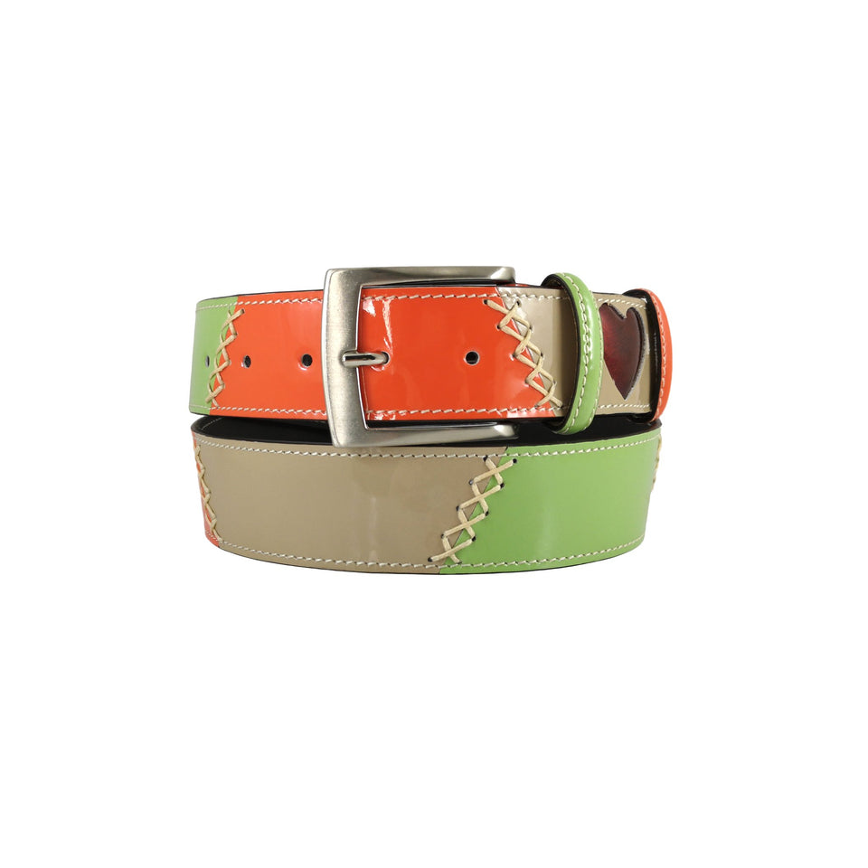 curea dama piele naturala lacuita verde bej portocalie