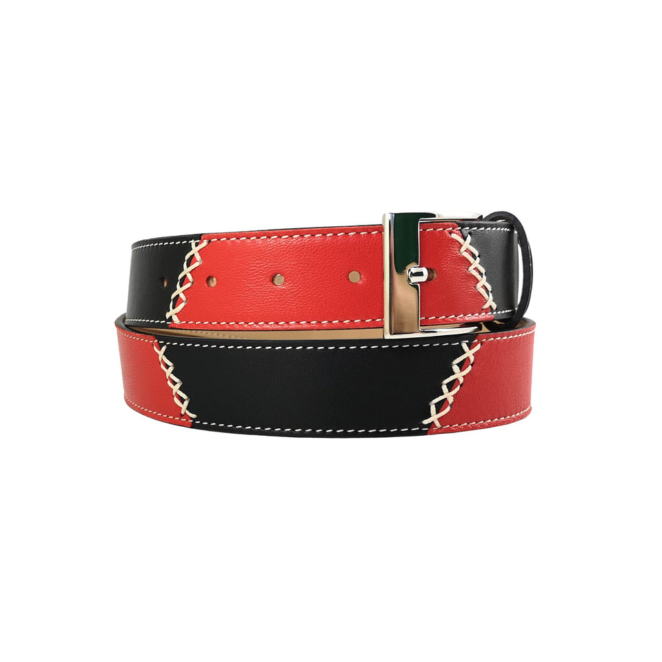curea unisex din piele naturala rosie si neagra vedere din stanga