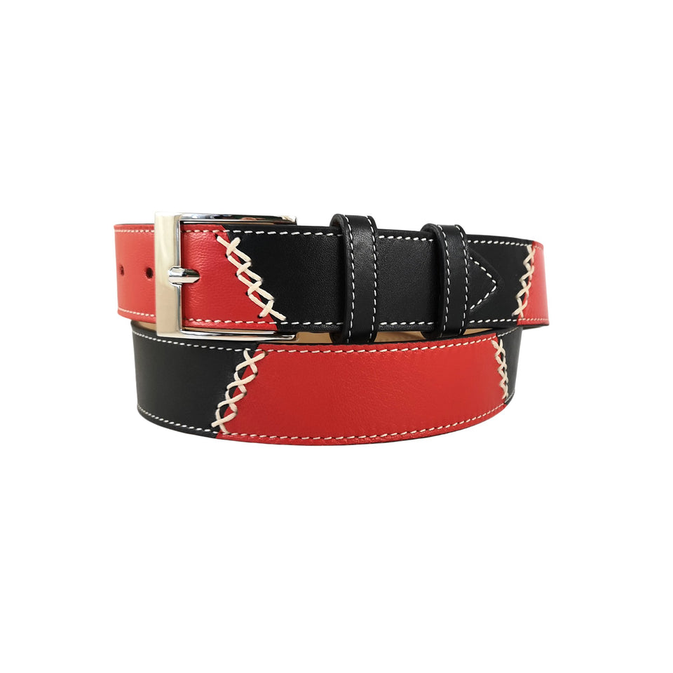 curea unisex din piele naturala rosie si neagra vedere din dreapta