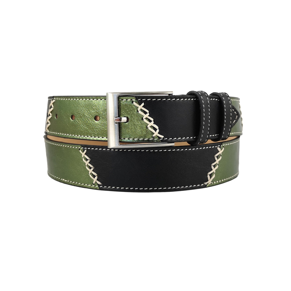 curea unisex din piele neagra si verde metalizat vedere frontala