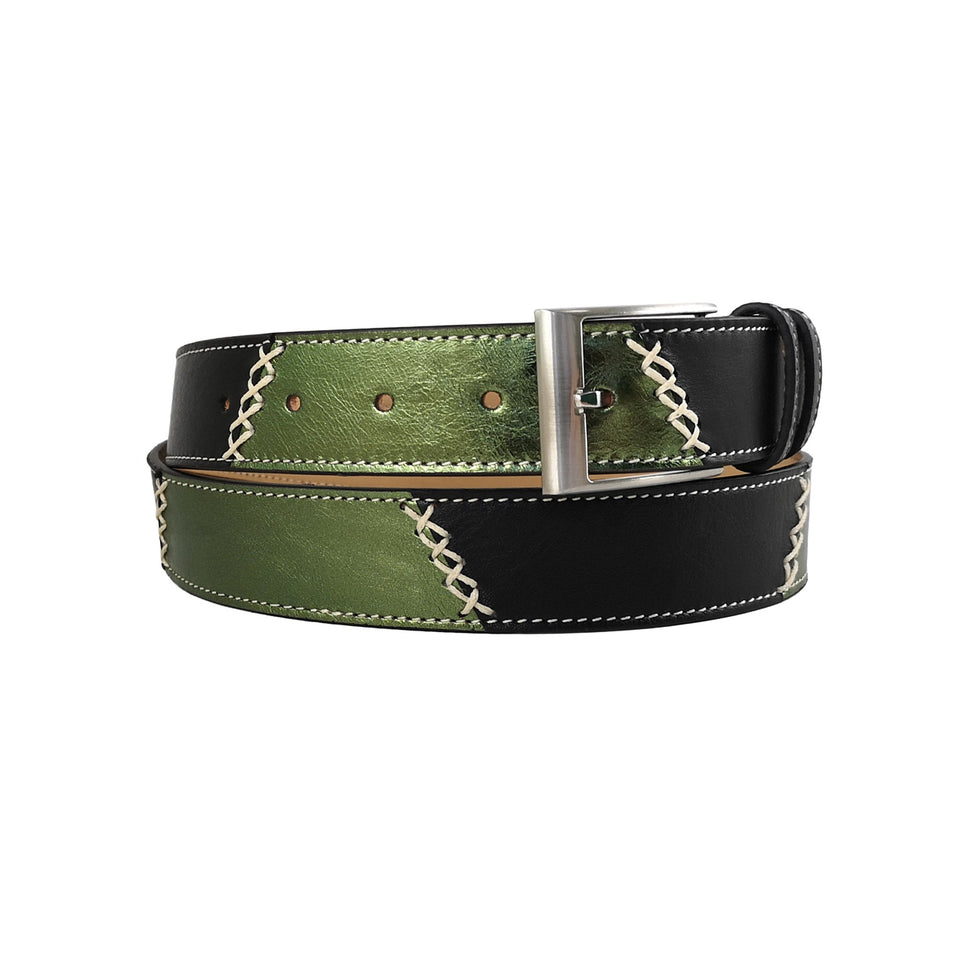 curea unisex din piele neagra si verde metalizat vedere din stanga