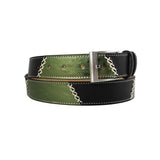 curea unisex din piele neagra si verde metalizat vedere din stanga