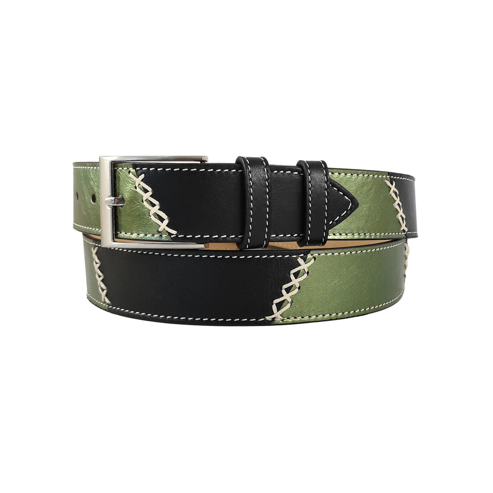 curea unisex din piele neagra si verde metalizat vedere din dreapta