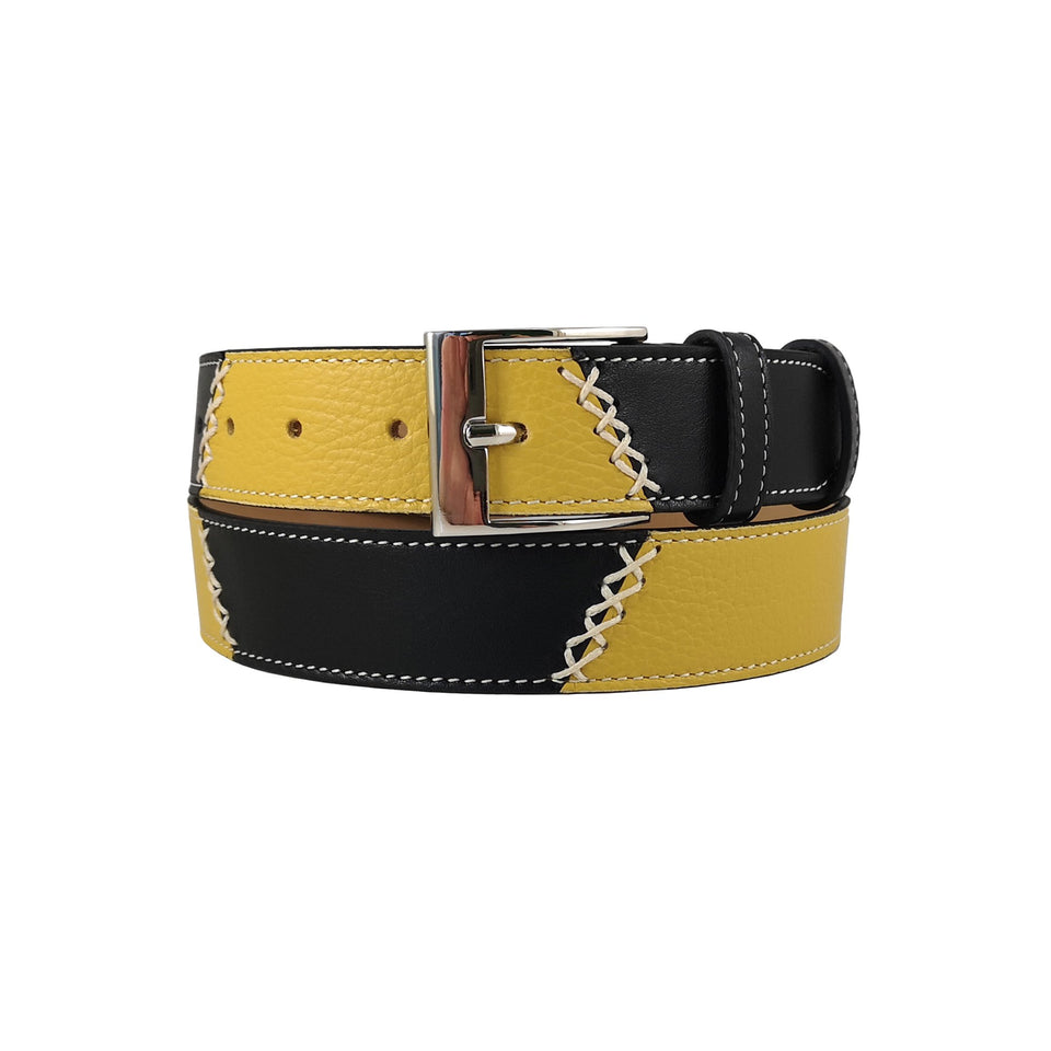 curea unisex din piele naturala galben cu negru vedere frontala