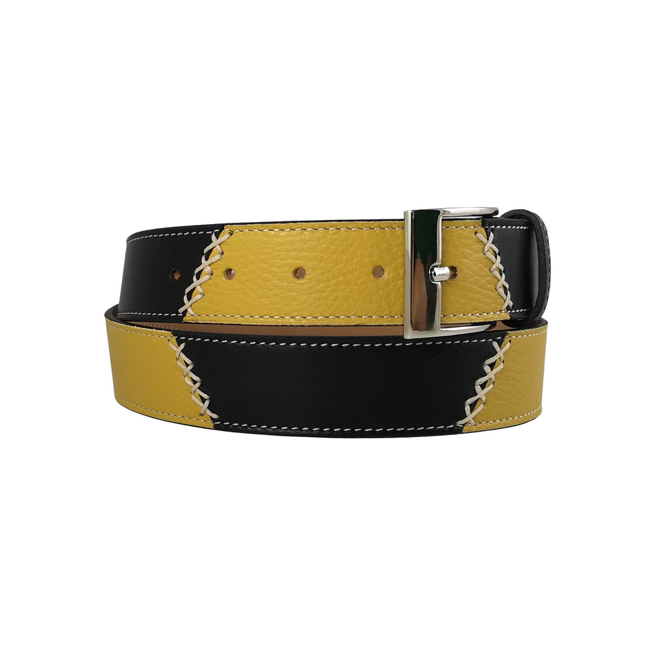 curea unisex din piele naturala galben cu negru vedere din stanga