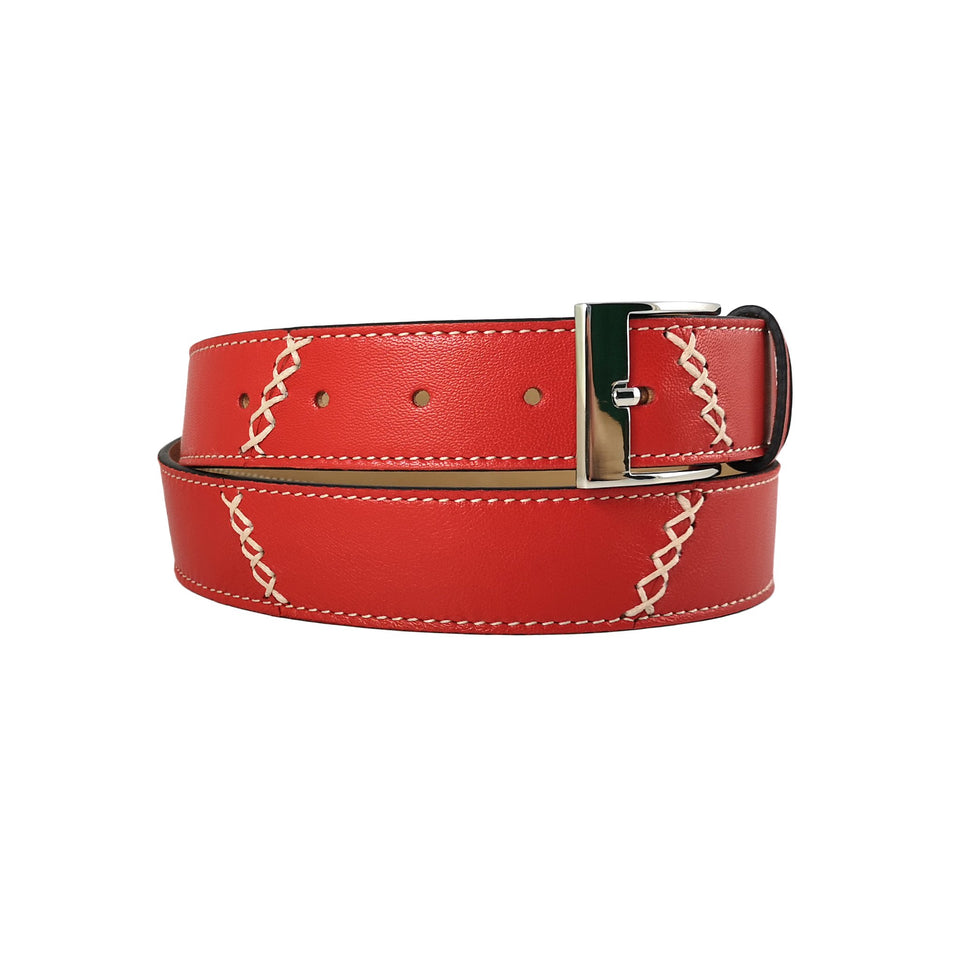 curea rosie unisex subtire din piele naturala vedere din stanga