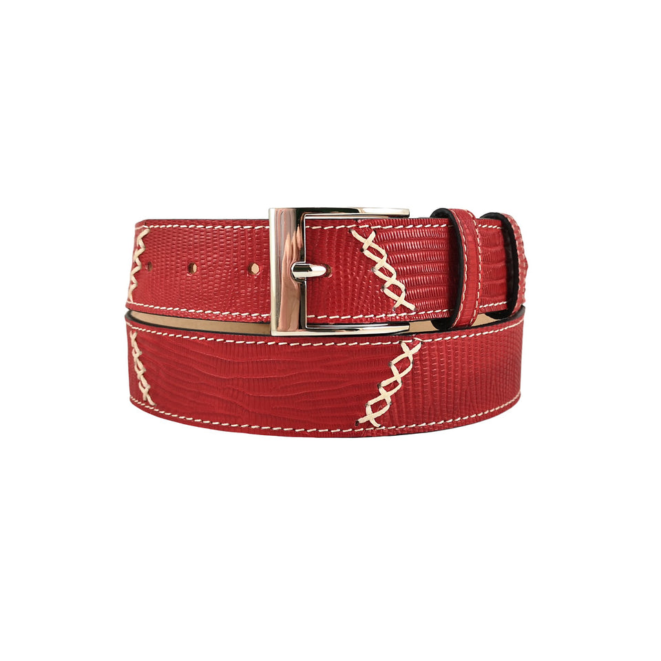 curea rosie din piele de reptila unisex vedere din fata