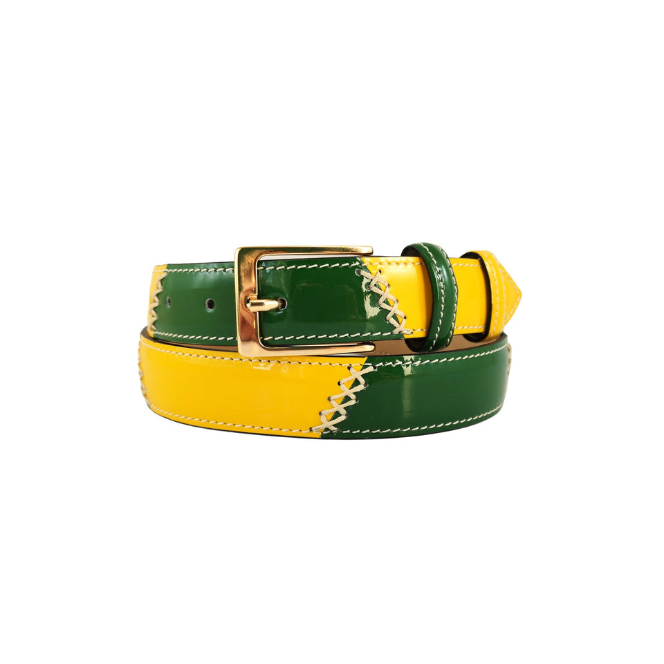 Curea de Dama din Piele Lacuita, Verde si Galben - Ambrant