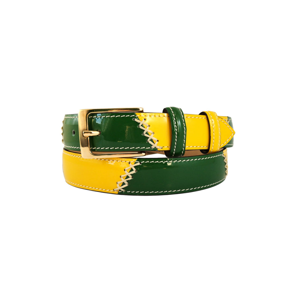 Curea de Dama din Piele Lacuita, Verde si Galben - Ambrant