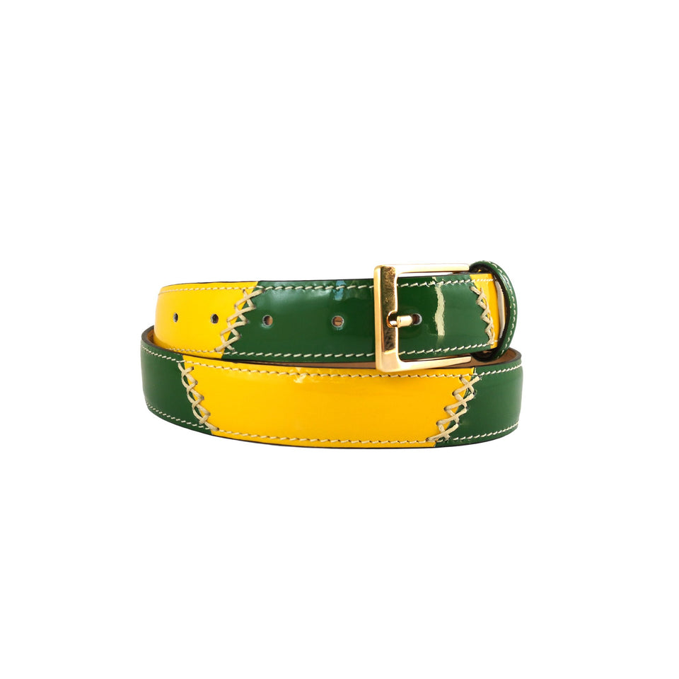 Curea de Dama din Piele Lacuita, Verde si Galben - Ambrant