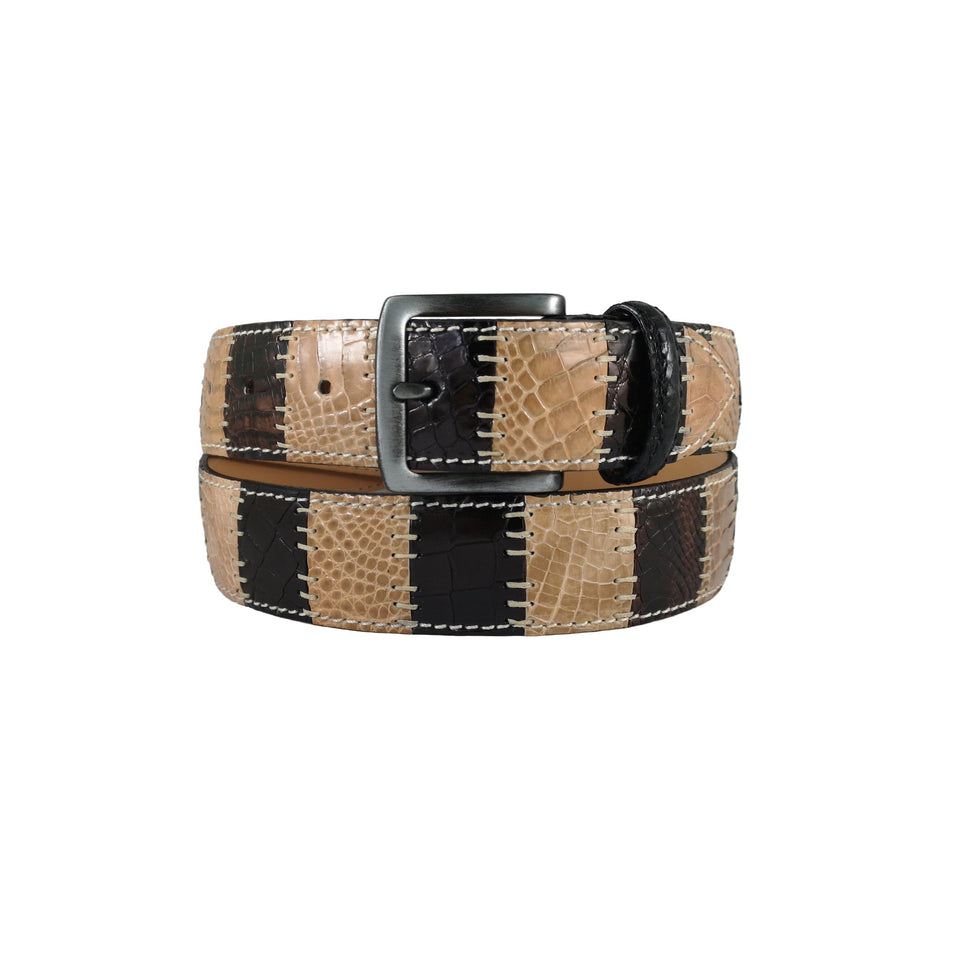 curea unisex piele de crocodil negru si maro vedere frontala