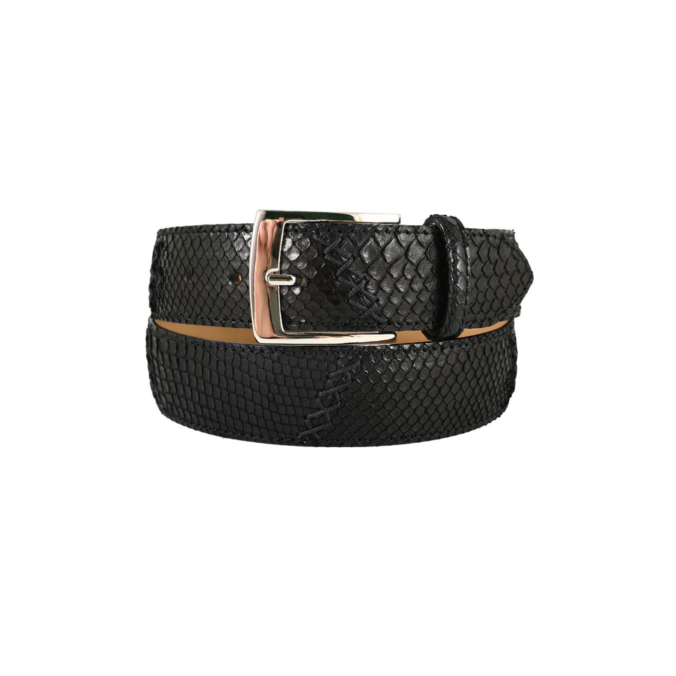 curea unisex neagra piele de sarpe piton vedere din fata