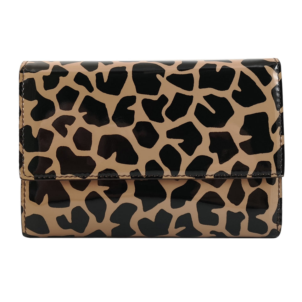 portofel de dama din piele lacuita maro si negru vedere din fata